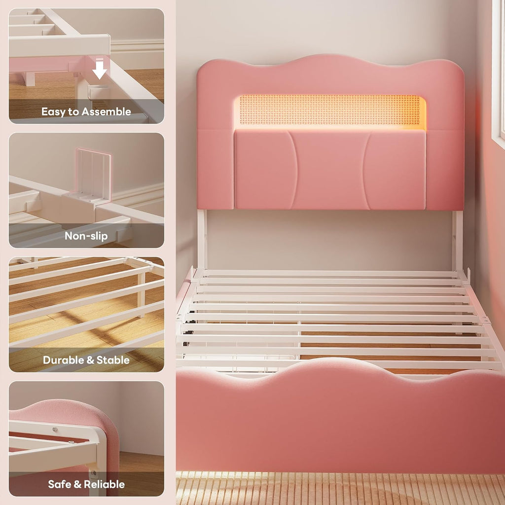 LIKIMIO Twin Upholstered LED Bed Frame with 2 Storage Drawers and Bookcase Storage Headboard, Velvet Princess Platform Bed with Charging Station, Heavy Duty Metal Support, No Box Spring Needed, Pink