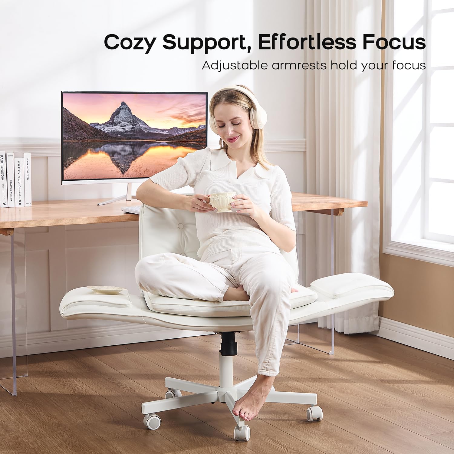 amseatec Criss Cross Chair with Armrests & Wheels, PU Leather Vanity Chair, Comfortable Adjustable Swivel Computer Office Desk Chairs for Home, Make Up, Bed Room (White)