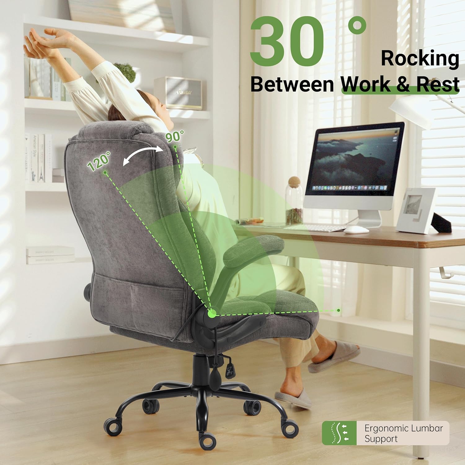 Office Chair, Big and Tall Executive Chairs with Lumbar Support for Back Pain, Breathable Fabric Desk Computer Chair with Adjustable Flip-up Armrests,Wide Cushion Swivel Home Office Chair Black,Grey