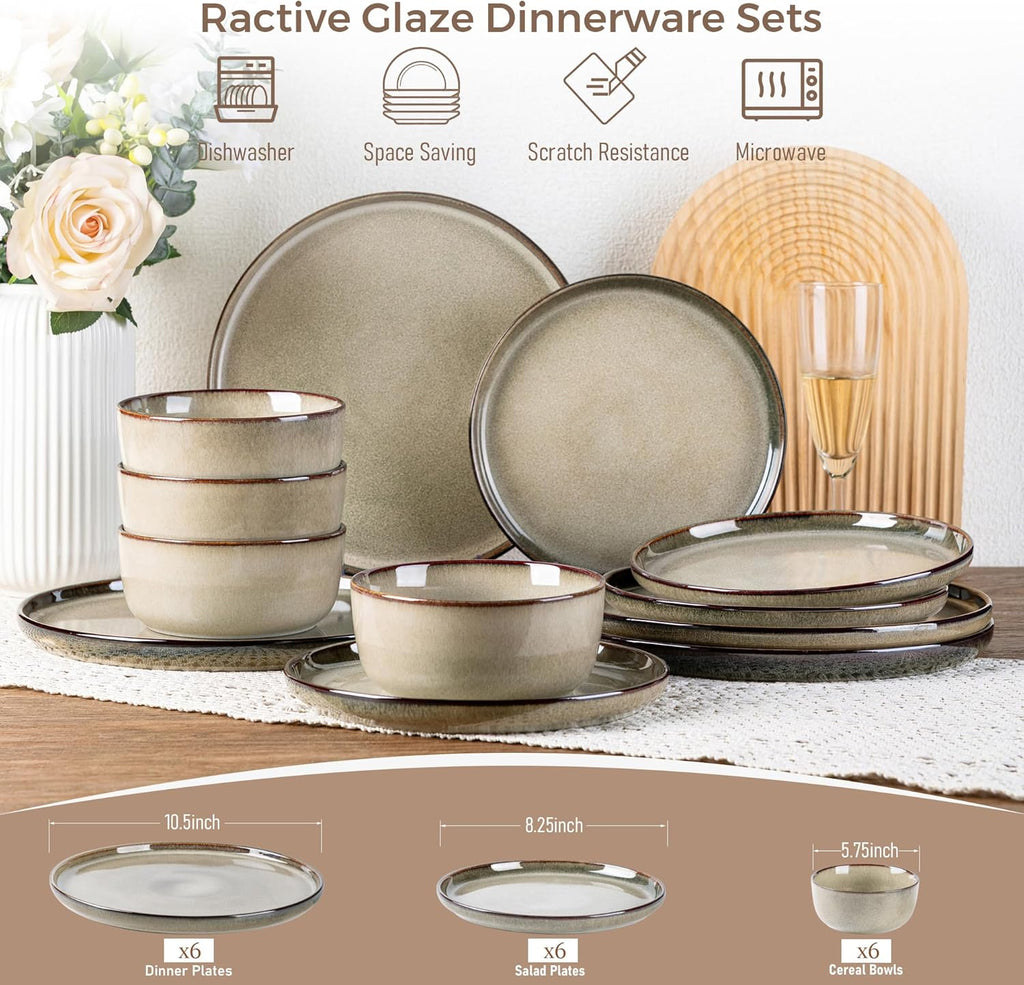 GBHOME Dinnerware Sets for 6, 18 Pieces Stoneware Plates and Bowls Sets, Scratch Resistant Dishes, Dishwasher & Microwave Safe, Reactive Glaze