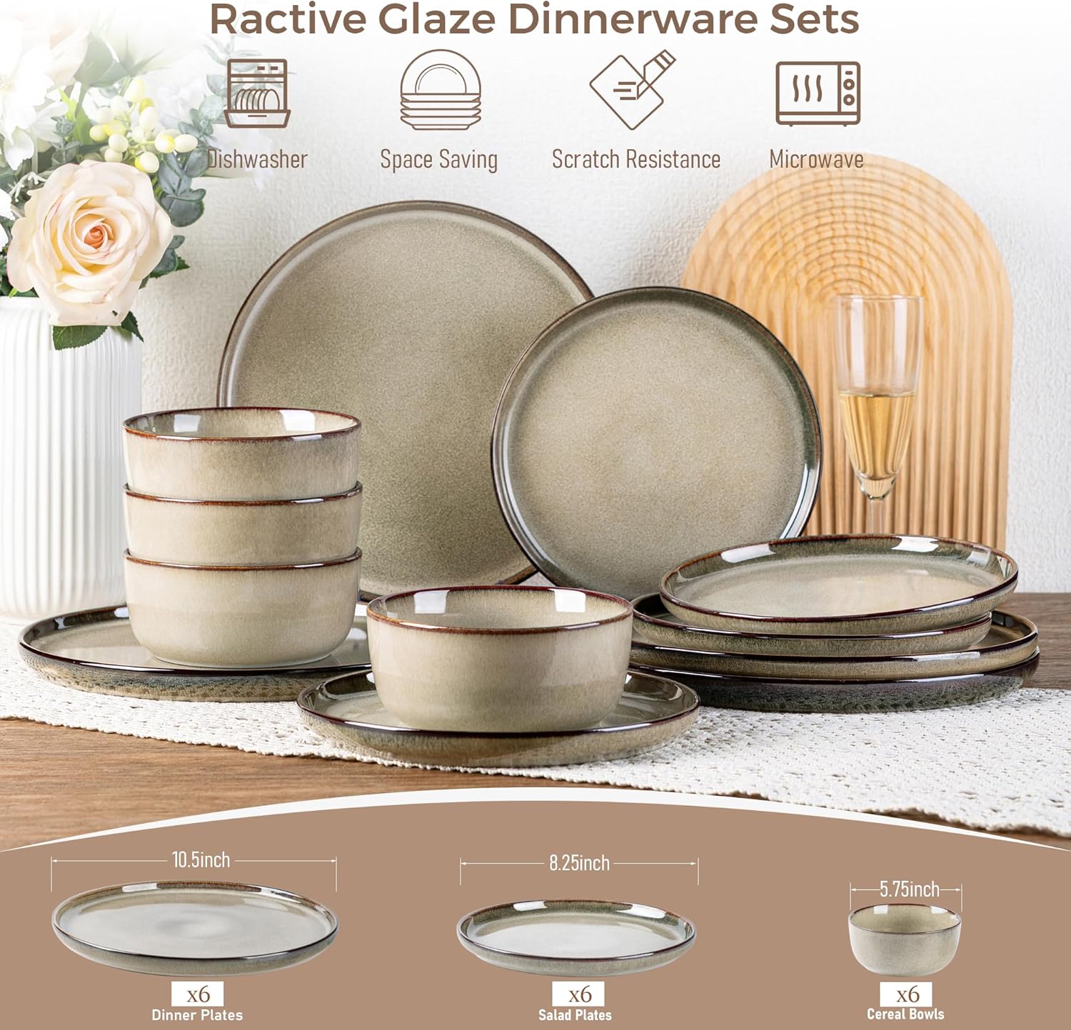 GBHOME Dinnerware Sets for 6, 18 Pieces Stoneware Plates and Bowls Sets, Scratch Resistant Dishes, Dishwasher & Microwave Safe, Reactive Glaze
