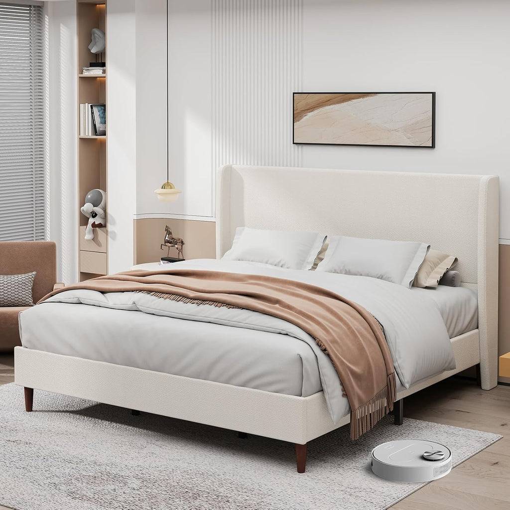 King Size Platform Bed Frame,Upholstered Bed Frame with Wing Side Headboard,Chenille Fabric,Strong Wooden Slat Support, No Box Spring Needed, Easy Assembly, Noise-Free,50.78" High,Light Beige