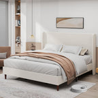 King Size Platform Bed Frame,Upholstered Bed Frame with Wing Side Headboard,Chenille Fabric,Strong Wooden Slat Support, No Box Spring Needed, Easy Assembly, Noise-Free,50.78" High,Light Beige