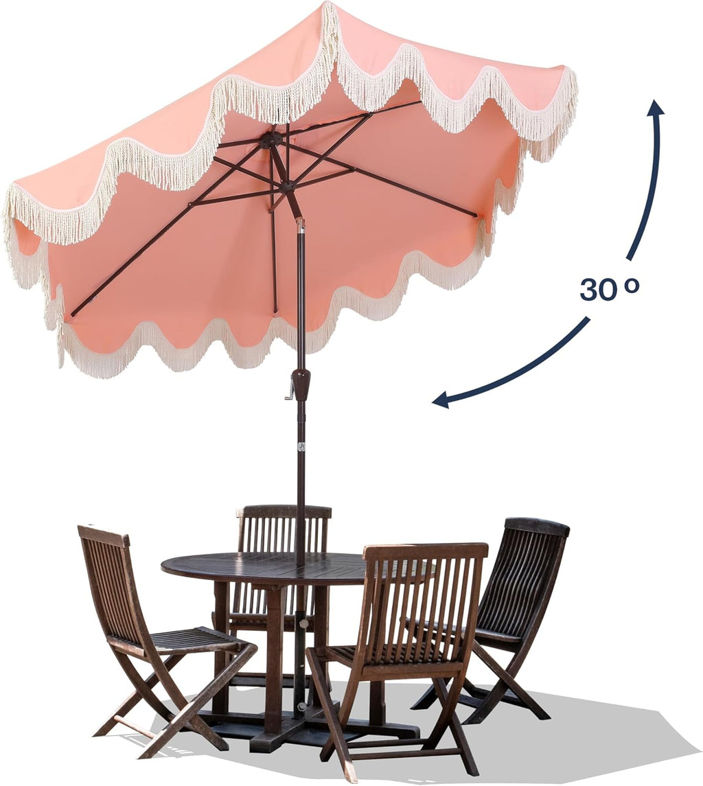JONATHAN Y UMB1001 Collins 9 ft. Classic Cottage Tassel Market Patio Umbrella with Auto-Tilt  Crank  Wind Vent and UV Protection