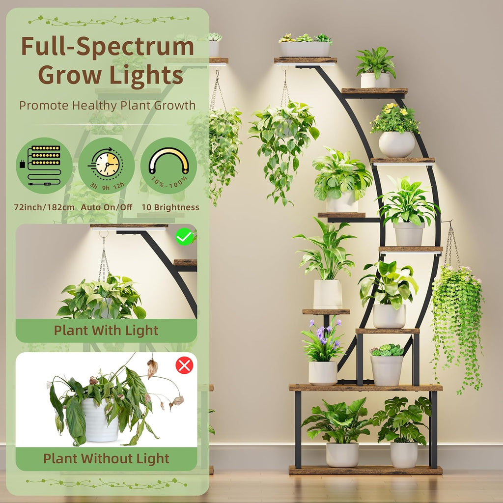 Plant Stand Indoor with Grow Lights  9 Tiered Metal Plant Shelf  64" Tall Plant Stand for Indoor Plants Multiple  Large Plant Rack Display Shelf  Curved Plant Holder for Living Room  Patio