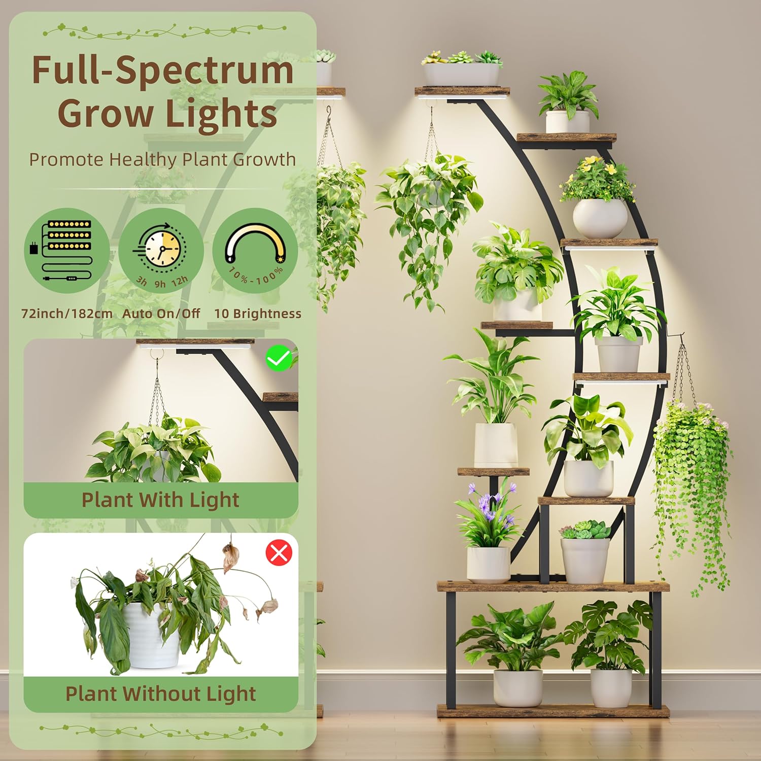 Plant Stand Indoor with Grow Lights  9 Tiered Metal Plant Shelf  64" Tall Plant Stand for Indoor Plants Multiple  Large Plant Rack Display Shelf  Curved Plant Holder for Living Room  Patio