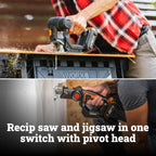 WORX Cordless Reciprocating Saw&Jigsaw, 20V ¾" 2-in-1 Saw, ¾" Stroke Length, 2-in-1 functions, 4 Blades for Different Materials, Compact&Lightweight Design, Battery and Charger Included, PowerShare
