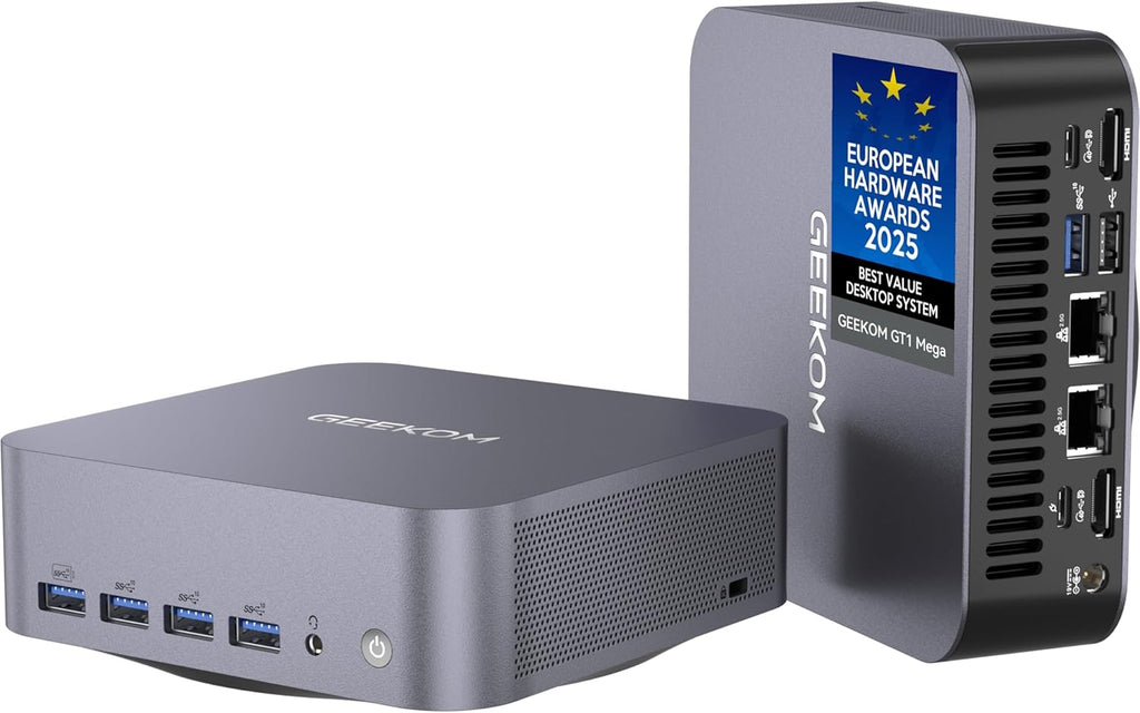 GEEKOM GT1 Mega AI Mini PC  with Intel 14th Gen Core Ultra 9 185H | 32GB DDR5 1TB NVMe SSD | Intel Arc Graphics | Dual 2.5G LAN & WiFi 7 | 8K Quad Display | Windows 11 Pro | 3-Year Warranty | SD Solt