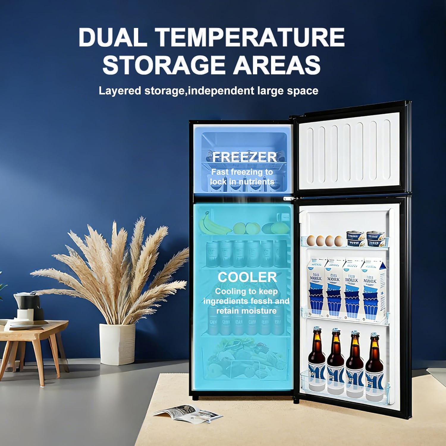 8.5 cu.ft Dual-Door Apartment Refrigerator with Freezer and Adjustable Thermostat - Slide-Out Glass Shelves for Dorms, Offices, RVs, and Homes