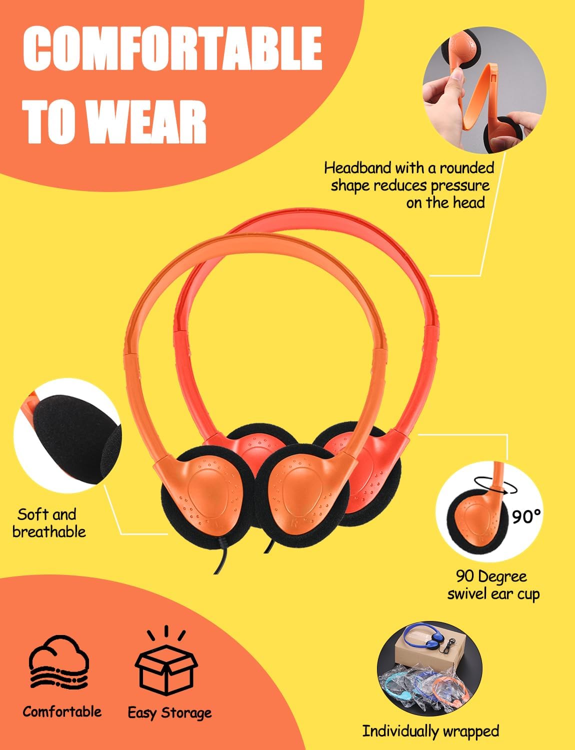50 Pack Bulk Classroom Headphones for Kids Students School, Multi Color Wired Headphones for Children Teens Boy Girl, 3.5mm Jack for Chromebook Laptop PC