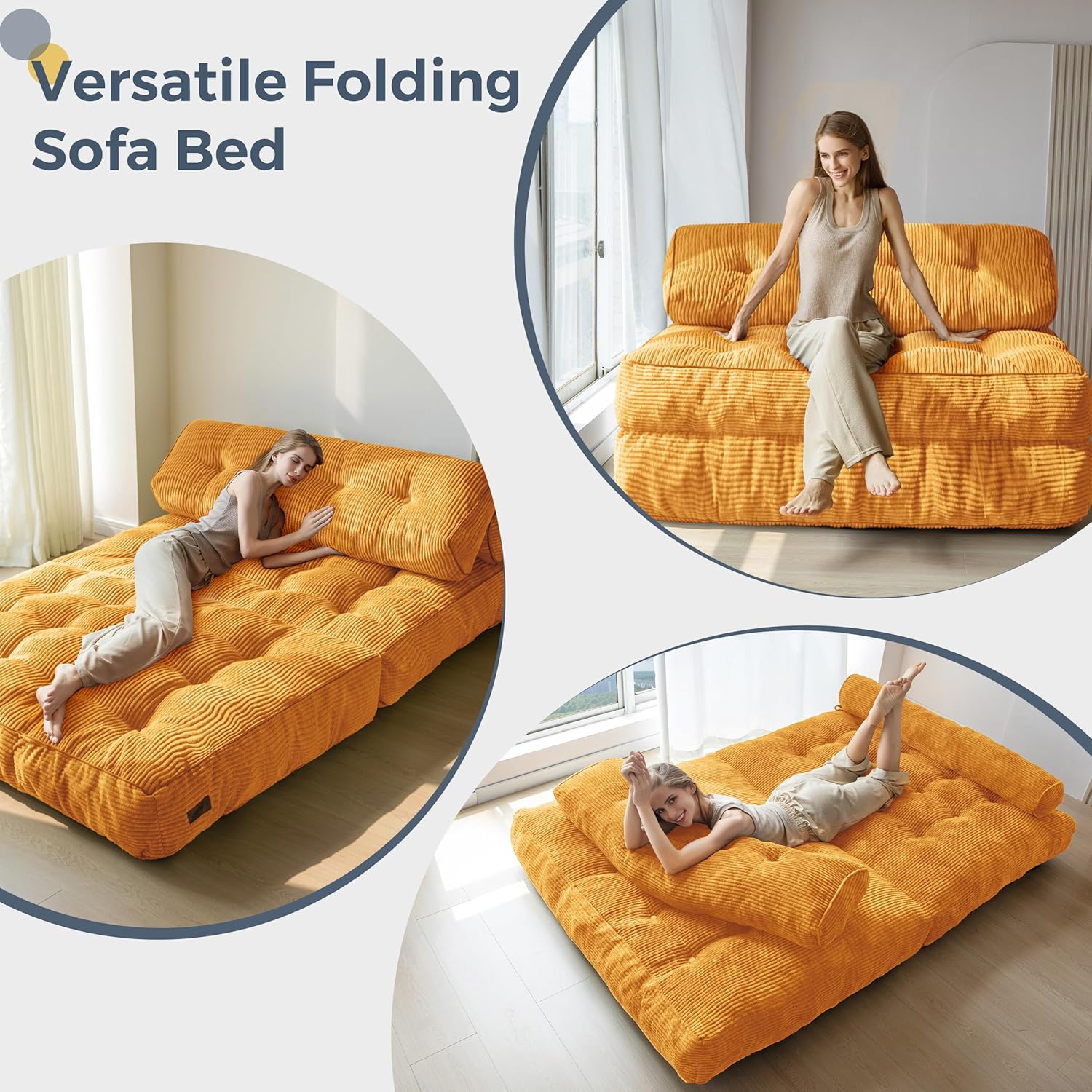 MAXYOYO Folding Sofa Bed, Convertible Sleeper Chair with Pillow Foldable Mattress with Back Support, Portable Fold Out Chair Bed Comfy Floor Sofa Lounge for Living Room Bedroom, Orange Double