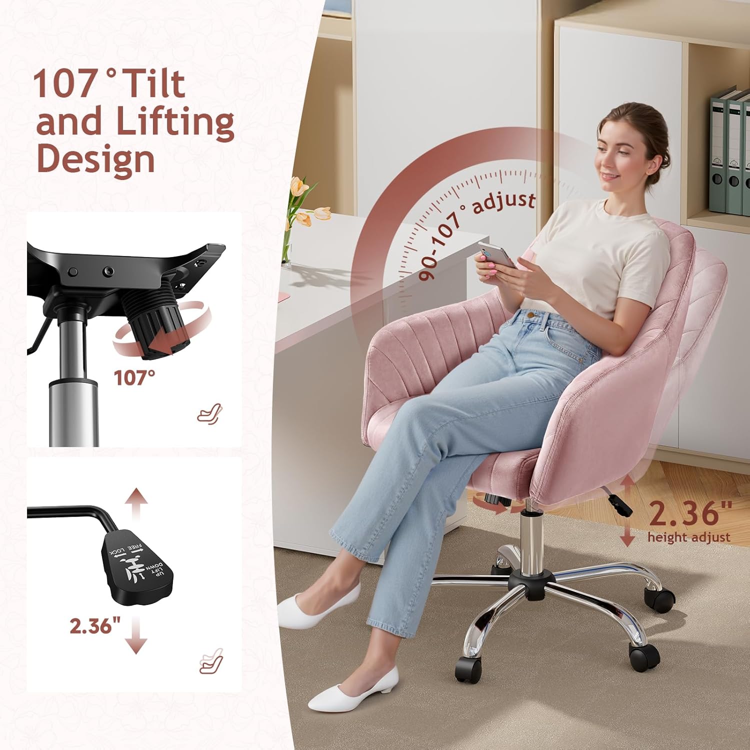 Warmiehomy Office Chair, Velvet Desk Chair for Home Office, Cozy Vanity Chair, Girl Cute Makeup Chair with Arm Rest for Bedroom Dressing Room (Blush Pink)