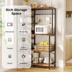 IRONCK Bakers Rack with Power Outlet, 5-Tier Corner Microwave Stand with Storage, Coffee Bar with 6 S-Shaped Hooks, Kitchen Shelves with Wire Basket