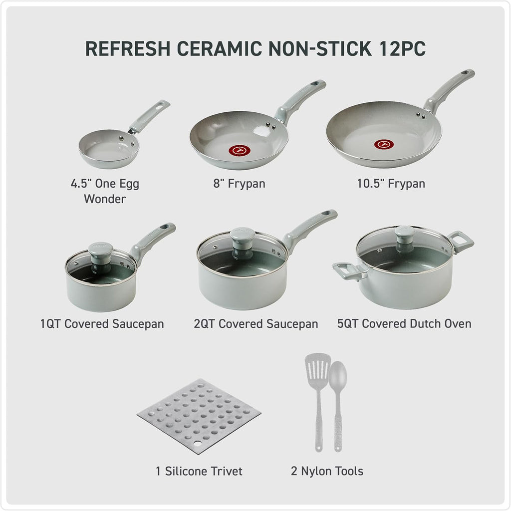 T-Fal Refresh Ceramic Nonstick Cookware Set, 12-Piece Ceramic Pots and Pans Set, Includes Stockpot, Griddle, Frying Pans, Utensils, Moon Grey