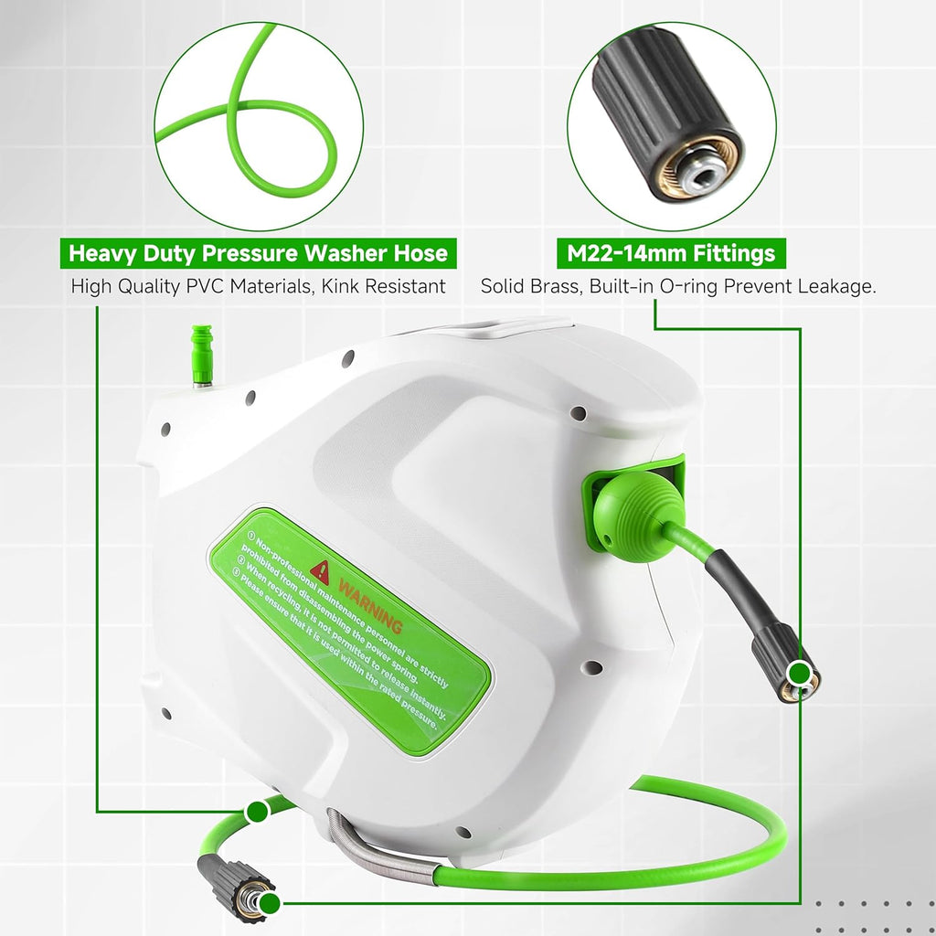 FIXFANS Pressure Washer Hose Reel with Hose, 1/4" × 65ft Retractable Power Washer Reel with Hidden Handle, Wall Mounted High Pressure Hose Reel Auto Rewind, 3600 PSI