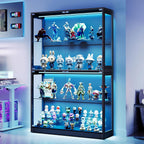 AMERLIFE RGB Display Cabinet with Adjustable Glass Shelves, 4-Tier Storage Case with LED Lights & Press-to-Open Doors, Modern Display Shelf for Collectibles, Black 70" H×45" L×16" D