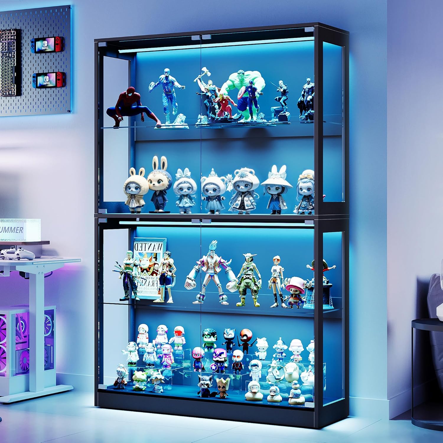 AMERLIFE RGB Display Cabinet with Adjustable Glass Shelves, 4-Tier Storage Case with LED Lights & Press-to-Open Doors, Modern Display Shelf for Collectibles, Black 70" H×45" L×16" D