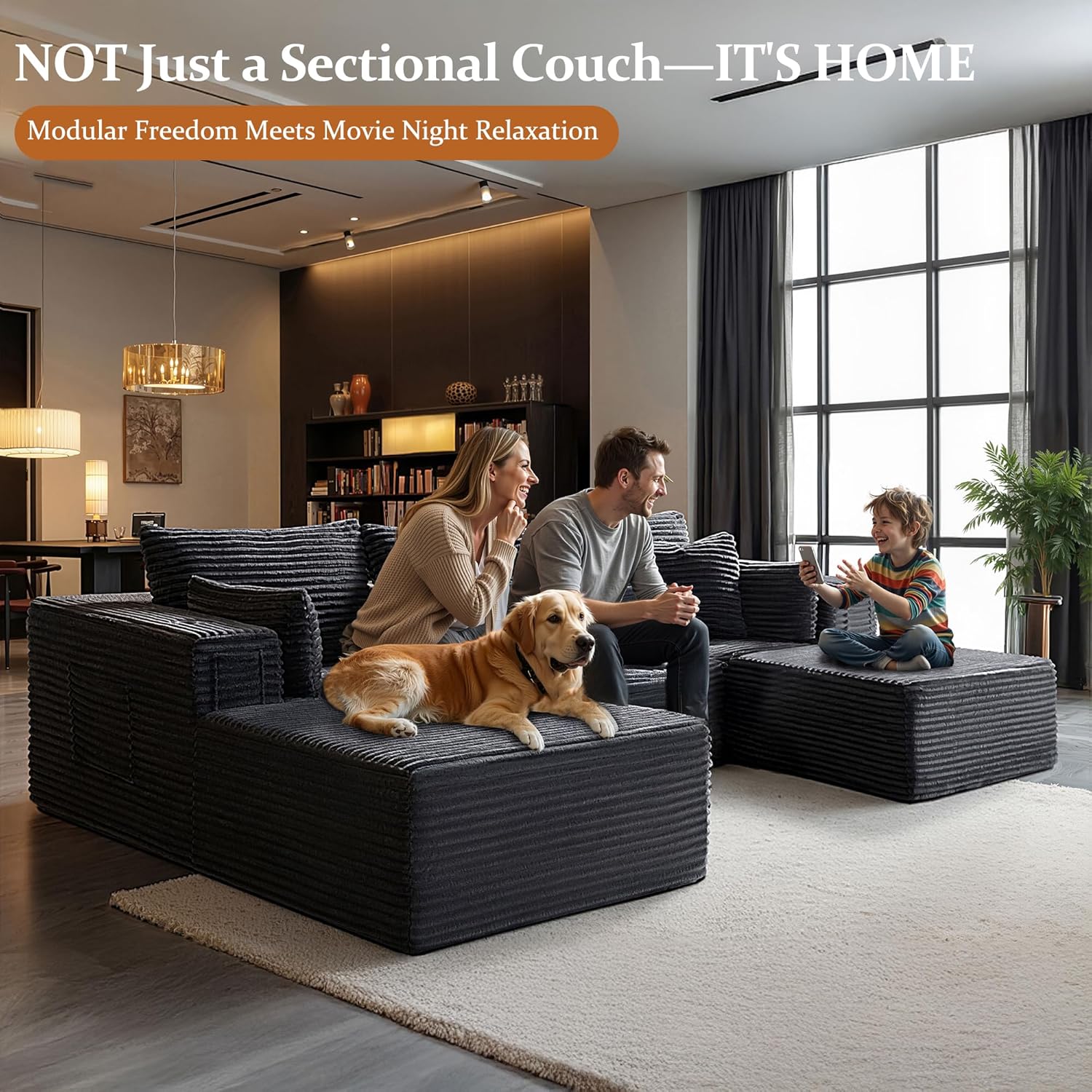 108" Cloud Sectional Couch, Comfort U Shaped Boneless Couch for Living Room, Extra Deep Seats No Assembly, Minimalist Modular Sofa, Corduroy (Dark Grey, 2 Seater+Left Facing Chaise+Ottoman)