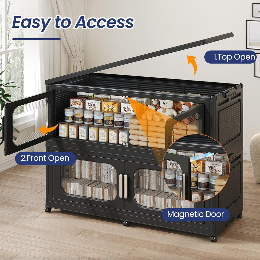 200Gal Extra Large Stackable Storage Bins with Lid & Wheels & Doors, 200QT/50GAL 4-Tiers Collapsible Closet Organizers Plastic Containers Drawers Boxes for Home Kitchen Bedroom, Black
