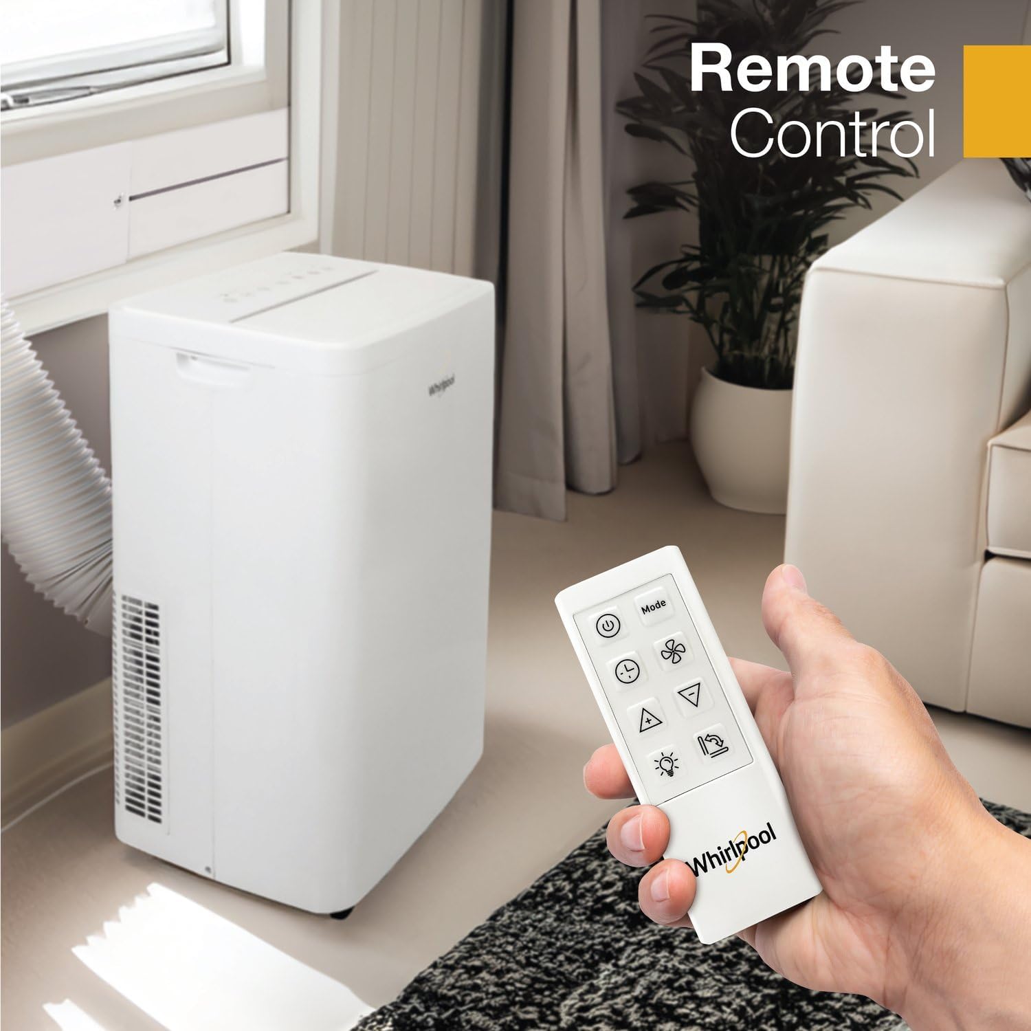 Whirlpool 12,000 BTU Portable Air Conditioner with Dehumidifier for Living Room, Apartment, or Bedroom, 115V, Portable AC for Medium Rooms up to 550 Square Feet with Remote, 3 Speeds, and Timer, White
