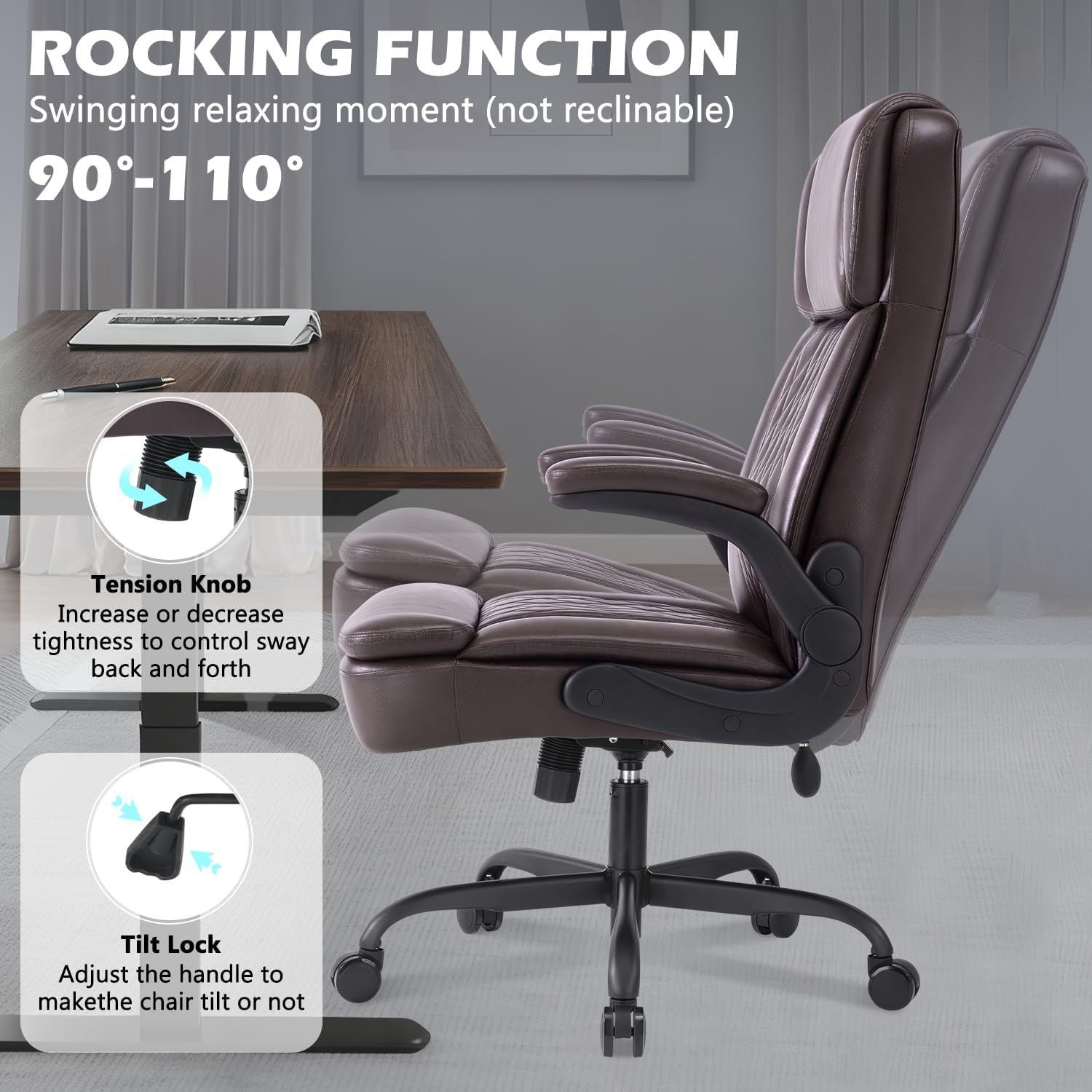 450LBS Big and Tall Executive Office Chair with Flip up Arm,Heavy Duty PU Leather Computer Desk Chair,Comfortable High Back Swivel Home Office Chair with Rolling for Adults,Spring Cushion,Metal Base