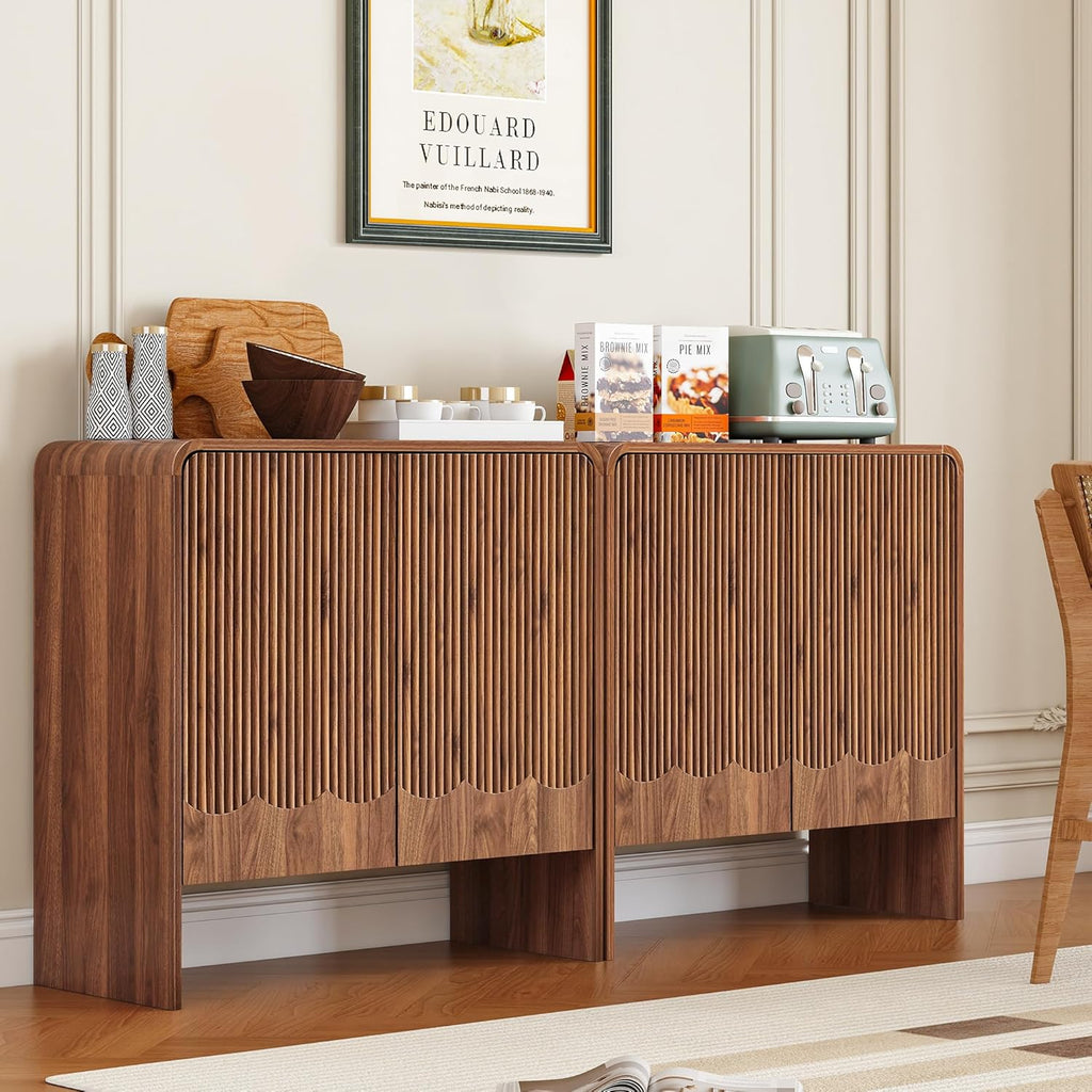 Fluted Sideboard Buffet Cabinet with Storage Set of 3, Mid Century Modern Storage Cabinet with Curved Edge and Adjustable Shelves for Kitchen Dining Room Living Room (Walnut, 3 pcs)