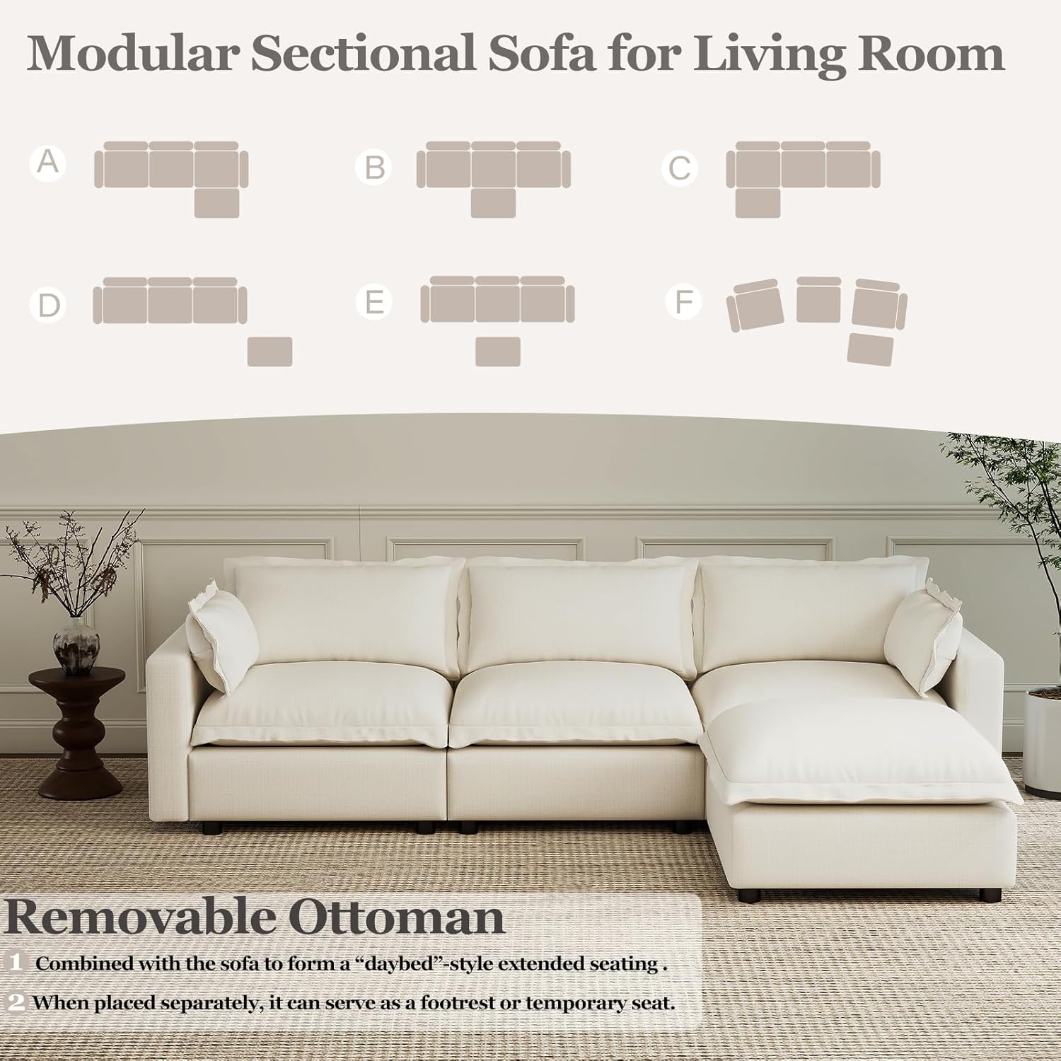 Kmax 97" Modular Sectional Sofa for Living Room, Modern Convertible L Shaped Sofa Couch Oversized Deep Seat Cloud Couch Sleeper with Ottoman, White