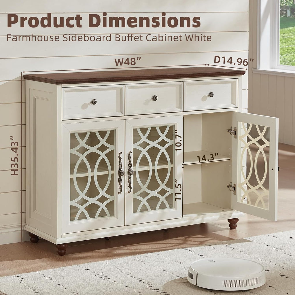 Joaxswe Farmhouse Sideboard Buffet Cabinet with Storage,48" Large Credenza with 3 Glass Doors & 3 Drawers,Adjustable Shelves Console Table,Wood Kitchen Coffee Bar for Dining Room,Living Room,White