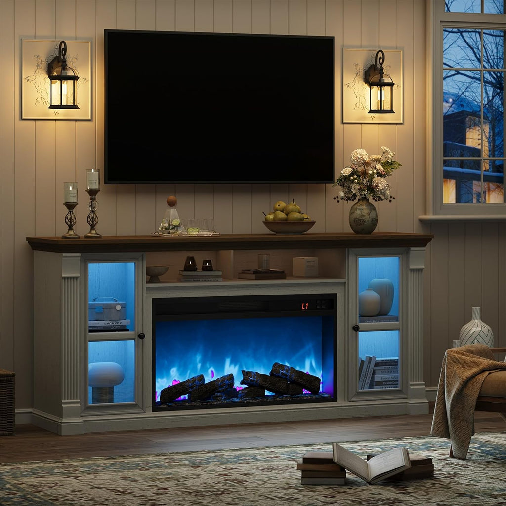 Farmhouse Fireplace TV Stand Up to 80" TVs, 70" Modern Highboy Entertainment Center with 36" Electric Fireplace & LED Lights, Media Console with Adjustable Shelves for Living Room, Antique White