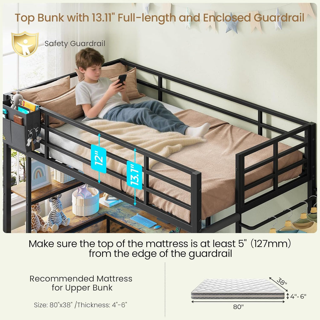 DICTAC Bunk Bed with L-Shaped Desk,5 Storage Drawers and 2 Shelves Metal Twin XL Over Twin Bunk Bed with LED Lights and Charging Station,bunk Beds with Safety Guardrail & Ladder,Space-Saving,Black
