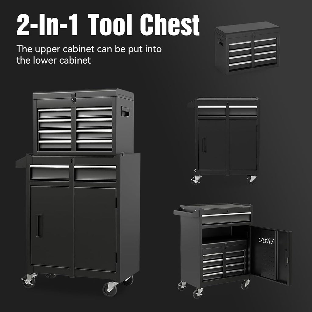 5 Drawers Tool Cart on Wheels with 1 Cabinet, Multifunctional Removable Rolling Tools Chest Storage Set, Tool Trolley Organizer Tools Box for Garage,Warehouse,Repair Shop,Workshop (Black)