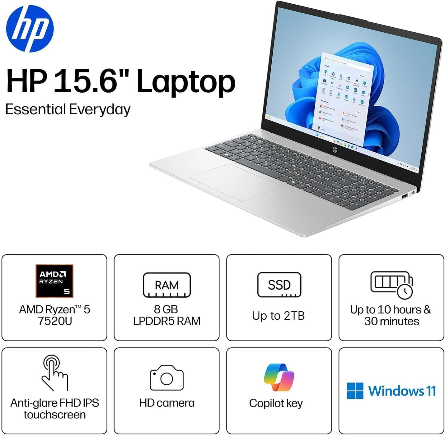 HP Touchscreen 15.6" FHD Business Laptop Computer | 2026 Edition | AMD Ryzen 5 (Up to 4.3GHz) | 8GB DDR5 RAM  256GB PCIe SSD | AI Copilot Key | Windows 11 with Office 365 for The Web • w/o Mouse