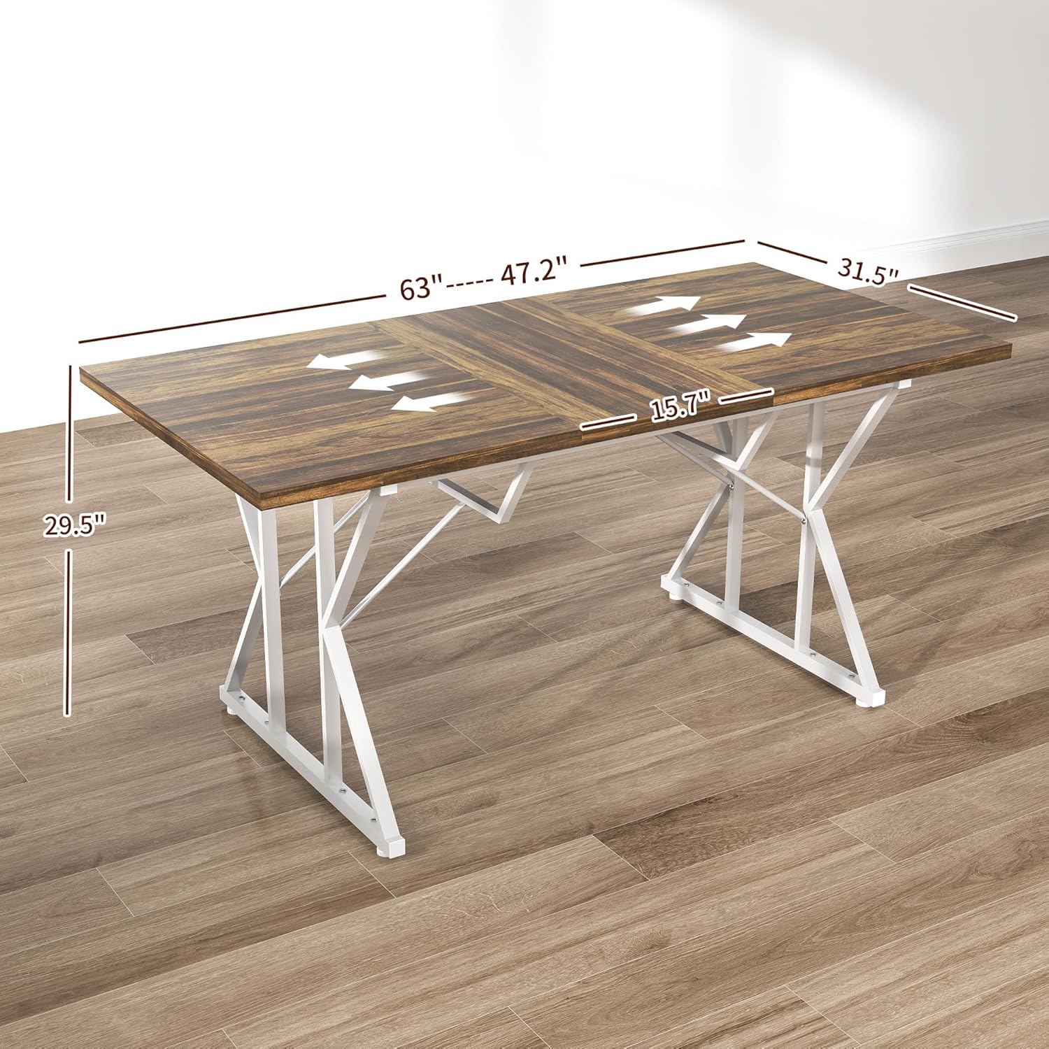 HOMCOM 47"-63" Expandable Dining Table for 4-6 People, Farmhouse Dinner Table with Heavy Duty Metal Trestle Base, Rectangle Kitchen Desk, Distressed Brown