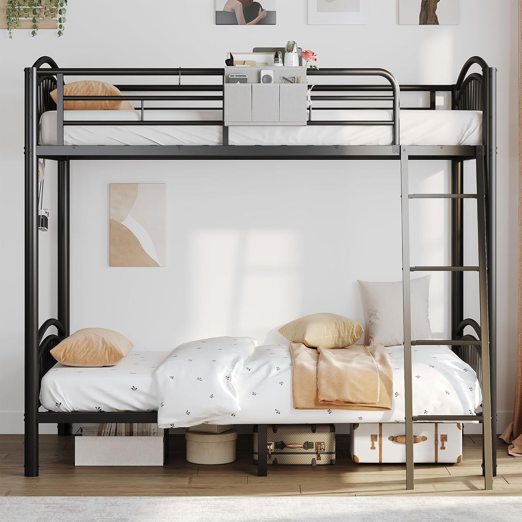 Metal Bunk Bed Twin Over Twin, Heavy Duty Industrial Bunkbeds for Teen with Bedside Caddy, Convertible Ladder & Flat Rungs, Space Saving Bunkbed Frame for Bedroom Dorm, No Box Spring Needed