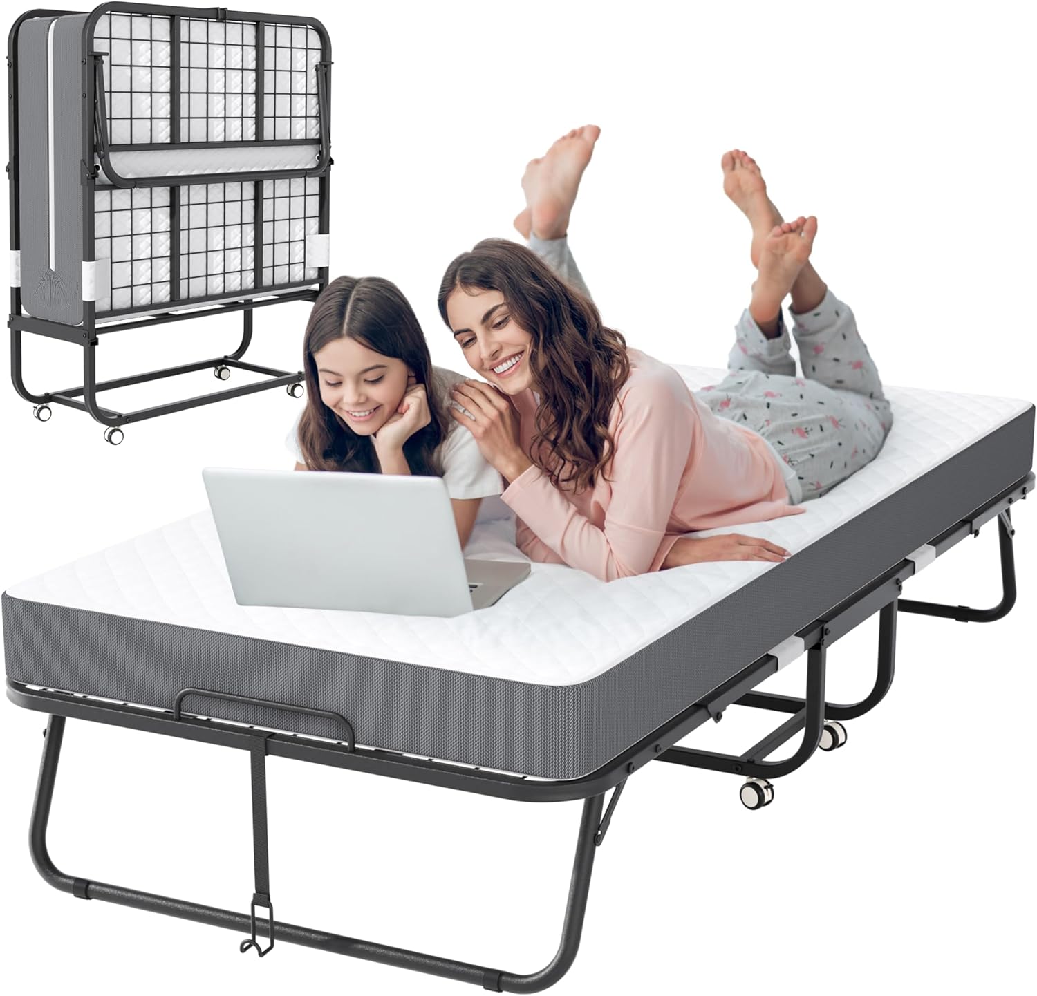Folding Bed with 5" Mattress, 75" x 31" Roll Away Twin Beds for Adults with Storage Cover, Portable Foldable Bed with Metal Frame on Wheels for Guest, Space Saving