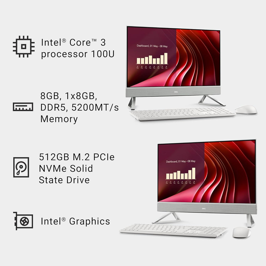 Dell 24 All-in-One Desktop ec24250-23.8-inch FHD Display  Intel Core 3 Processor 100U  Intel Graphics  8GB DDR5 RAM  512GB SSD  Windows 11 Home  Onsite Service+6 Months Retail Migrate - White
