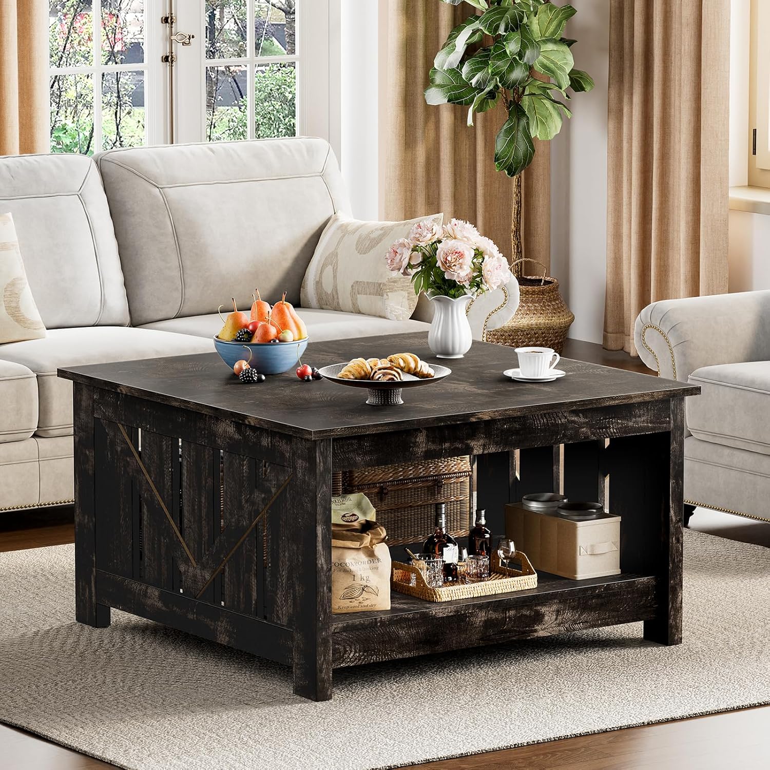 FABATO Lift Top Coffee Table, 31.5" Farmhouse Coffee Tables with Storage, Small Square Cocktail Tables, Wood Central Table for Living Room, Meeting Room, Black Oak