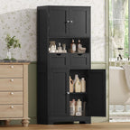 Iwell 57.8" H Tall Storage Cabinet with 2 Drawers & 2 Adjustable Shelves, Kitchen Cabinet with 4 Doors, Tall Cabinet for Living Room, Dining Room, Entryway, Black