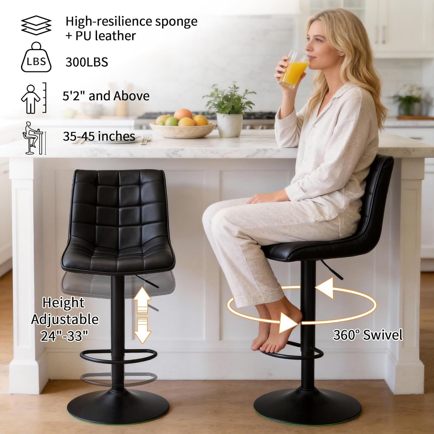 Bar Stools Set of 4, Adjustable Counter Height Bar Stools 24"-33", Modern Swivel Barstools with Backs, Black Kitchen Bar Chairs for Kitchen Island (Black, 4PCS)