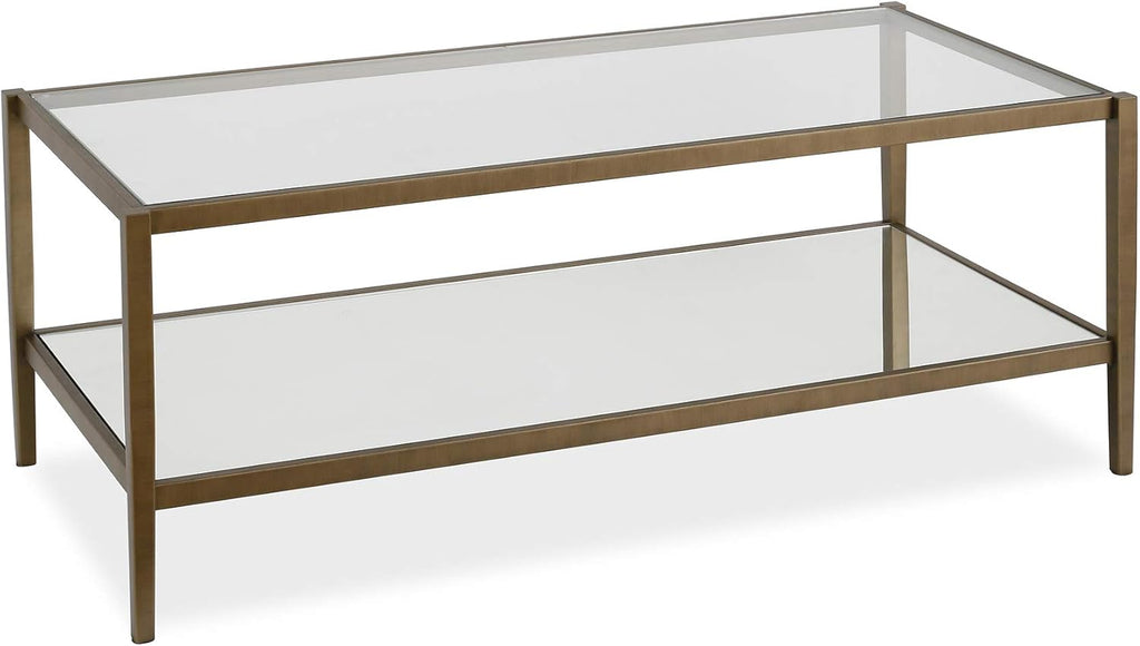 Henn&Hart 45" Wide Rectangular Coffee Table with Mirror Shelf in Brass, Coffee Table coffee tables for living room, studio apartment essentials