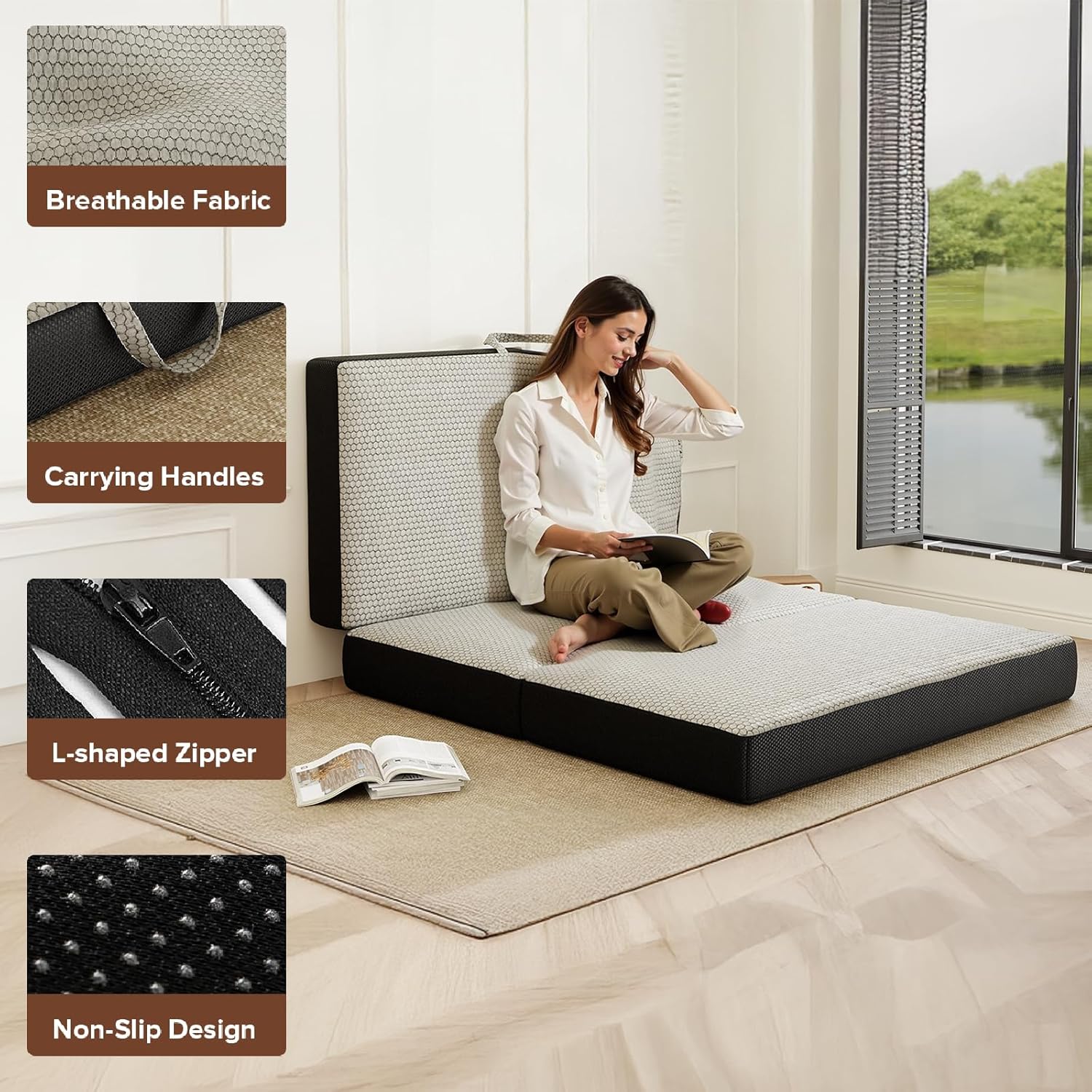 Memory Foam Trifold Mattress, Queen Portable Floor Bed 6 Inch, Foldable Mat with Washable Cover, Handle & Non-Slip Bottom, for RV, Travel, Camping, Yoga, 78"x58"x6", Grey