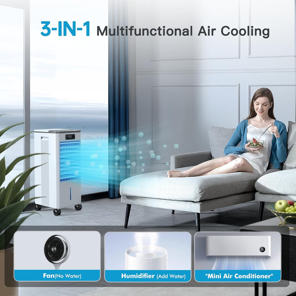 Evaporative Air Cooler, Windowless Portable Air Conditioners Fan w/3 Modes & 3 Speeds, 12H Timer for Smart Auto-off, 2-Gal Tank for 20H Cooling,16FT Remote,No Hose Needed,46db Swamp Cooler