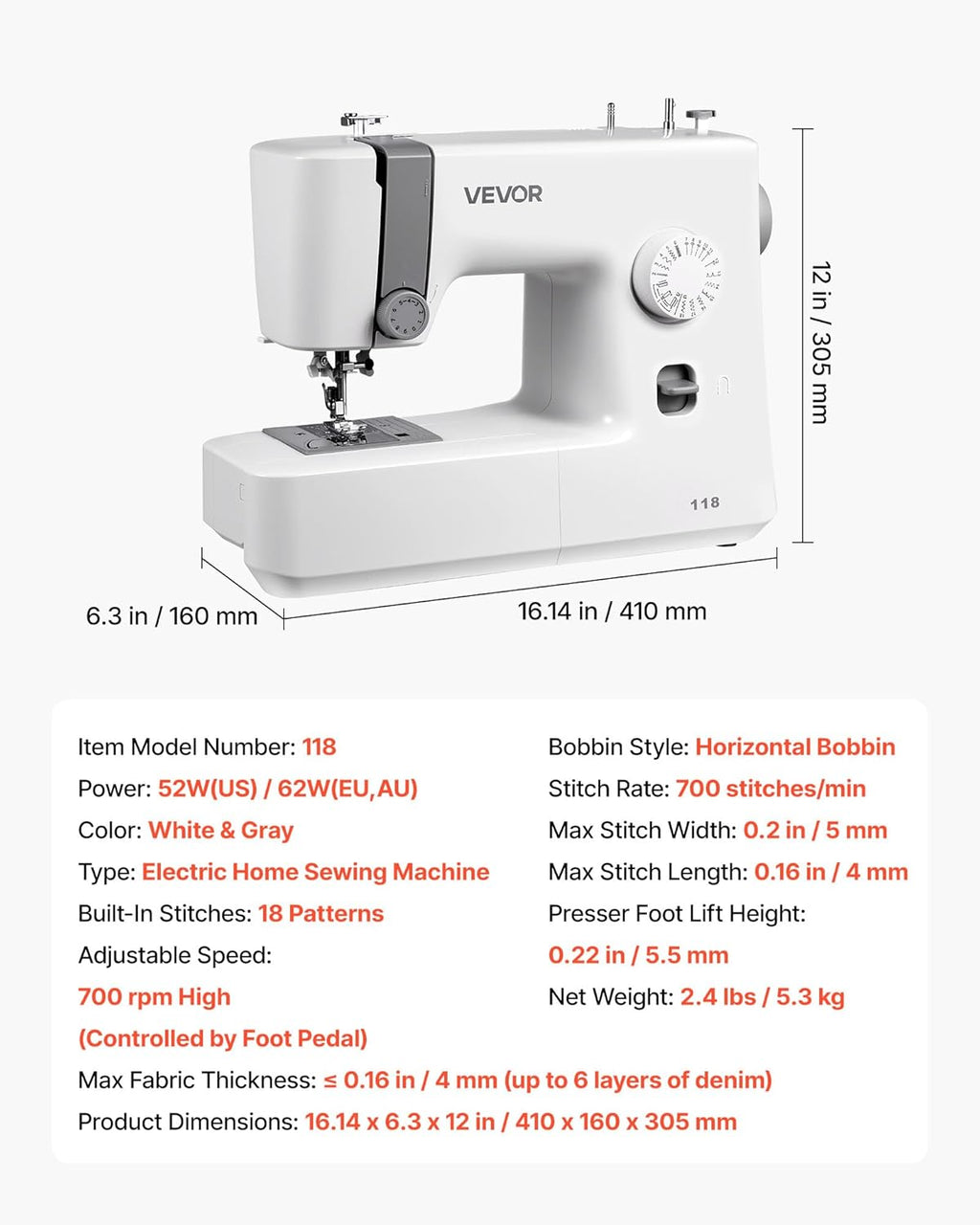VEVOR Sewing Machine, 18 Stitch Applications, with LED Light and Foot Pedal, Simple Dial Control, Interior Metal Frame, Lightweight and Portable Beginner Sewing Machine for Adults Crafts and Mending