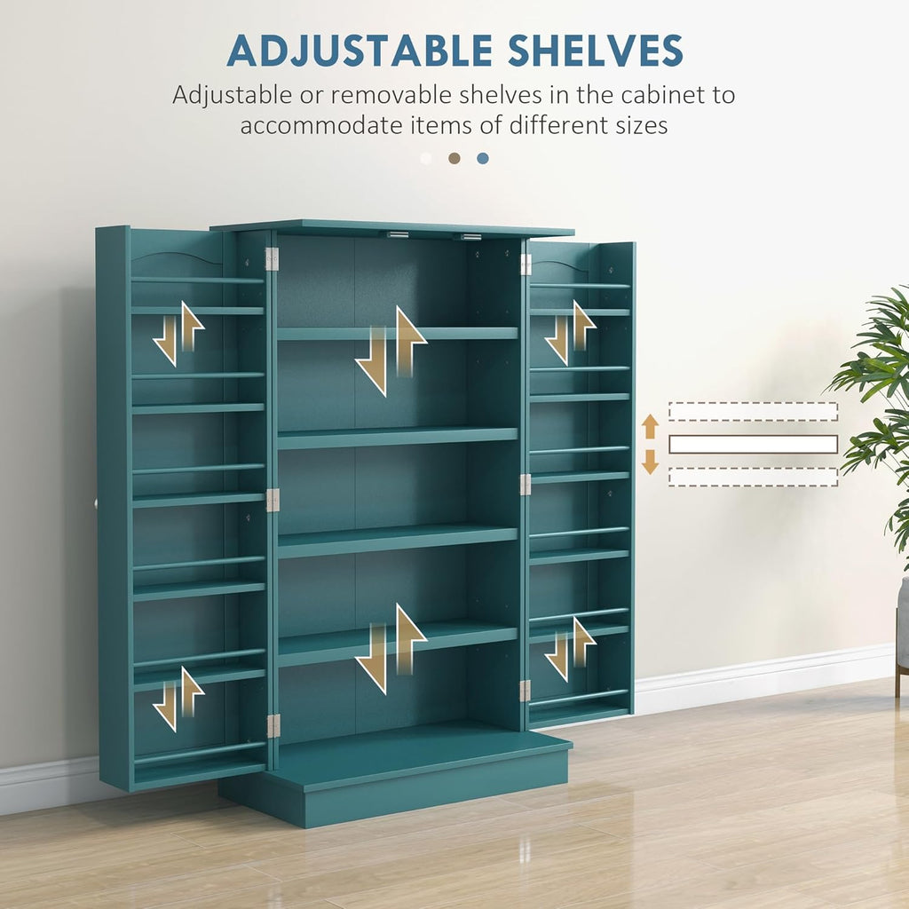 HOMCOM 41" Kitchen Pantry Storage Cabinet, Freestanding Kitchen Cabinet with 12 Door Shelves, Double Doors, 5-Tier Shelving and Adjustable Shelves, Blue