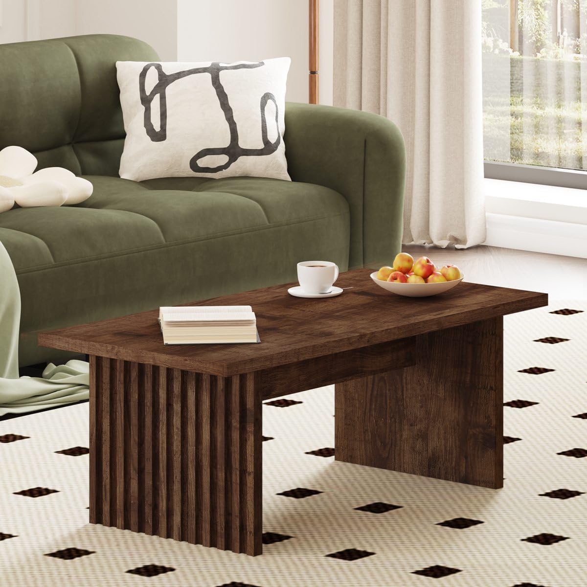BON AUGURE Coffee Table for Living Room, Farmhouse Wood Center Table, Rectangle Mid-Century Living Room Tables, Unique Fluted Panel Coffee Tables (Rustic Oak, 43Inch)