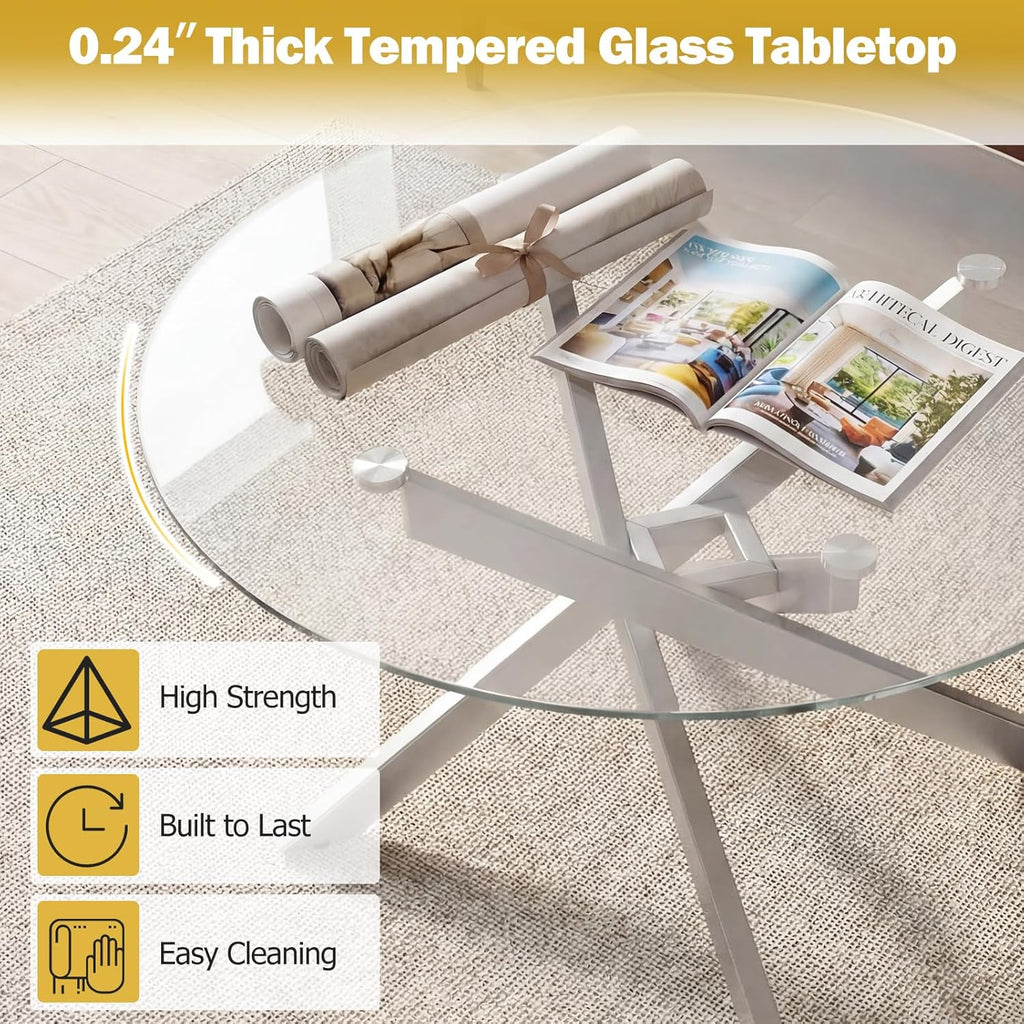 Giantex Round Glass Coffee Table, 31.5" Modern Center Table with Tempered Glass Top & Geometric Metal Frame, Clear Accent Cocktail Table, Small Coffee Table for Living Room, Small Spaces (Silver)