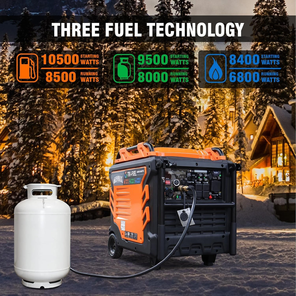 GENMAX Tri Fuel Generator 10500-Watt 458cc Tri Fuel Gasoline Propane Natural Gas Portable 50A Generator with Remote Start Ideal for Home backup power.