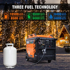 GENMAX Tri Fuel Generator 10500-Watt 458cc Tri Fuel Gasoline Propane Natural Gas Portable 50A Generator with Remote Start Ideal for Home backup power.