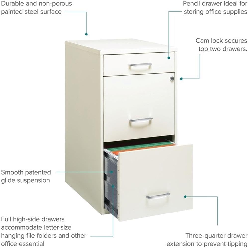 Scranton & Co 3-Drawer Metal Filing Cabinet, 27.32" H x 14.25" W x 18.00" D, Pearl White Finish, Locking Storage with Letter-Size File Drawers, Non-Porous Painted Steel for Home or Office