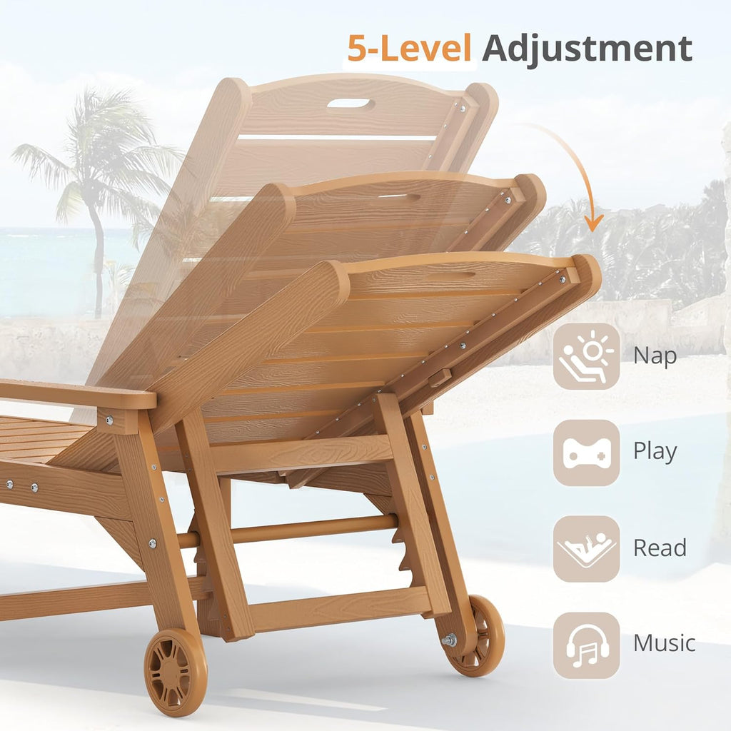 LUE BONA Outdoor Chaise Lounge Chairs Set of 2  HDPS Chaise Lounger  5 Positions Adjustable Lounge Chairs  Pool Lounge Chair with Wheels for Poolside  Patio  Restaurant  3 Year Warranty  Teak Color